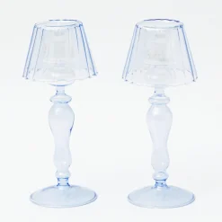 Blue Glass Lantern Tea Light Holders (Pair) - 24Cm|Mrs. Alice Clearance