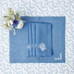 Coral Blue Linen Napkins (Set Of 4)|Mrs. Alice Clearance