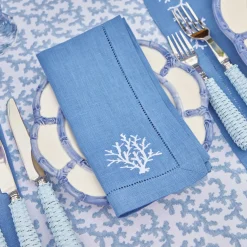 Coral Blue Linen Placemats & Napkins (Set Of 4)|Mrs. Alice New