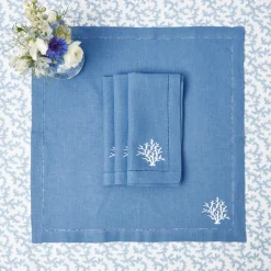 Coral Blue Linen Placemats & Napkins (Set Of 4)|Mrs. Alice New