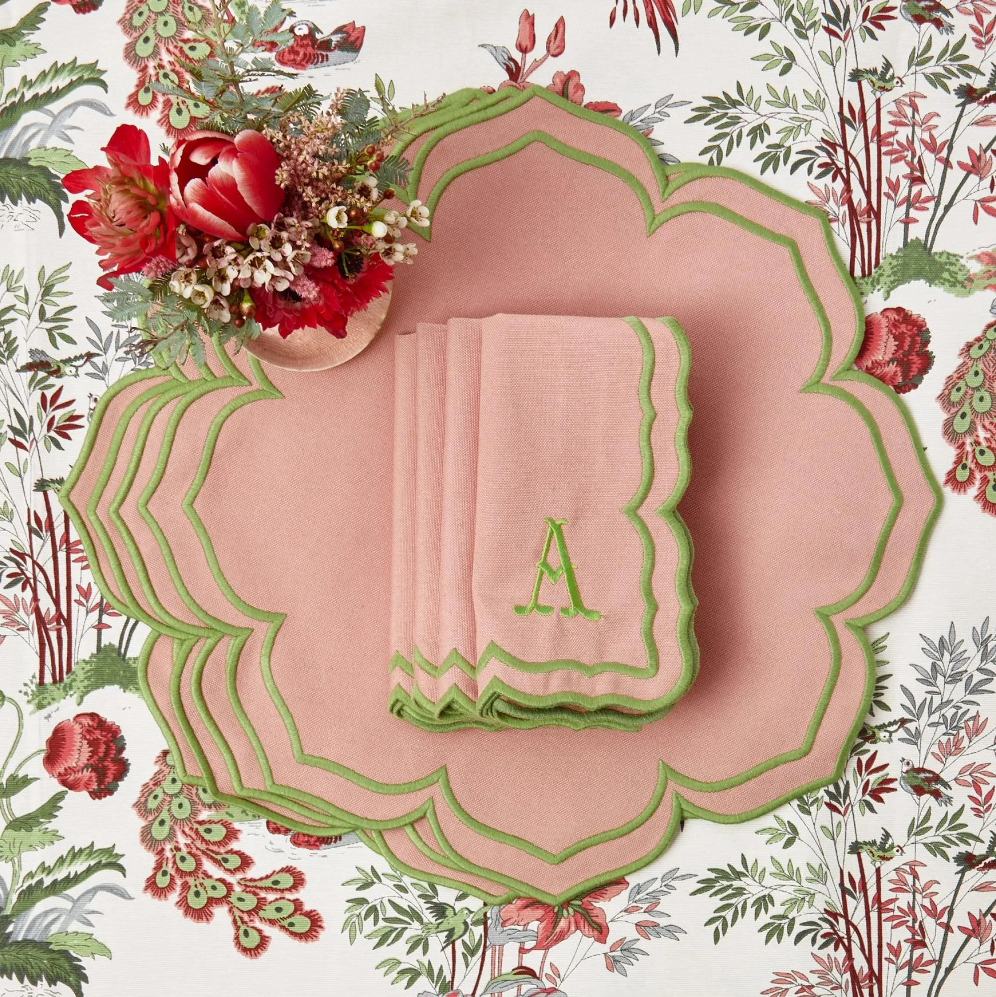 Fleur Pink Placemats & Napkins (Set Of 4)|Mrs. Alice Clearance
