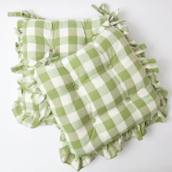 Green Gingham Ruffle Seat Pad Cushions (Set Of 4)|Mrs. Alice Best
