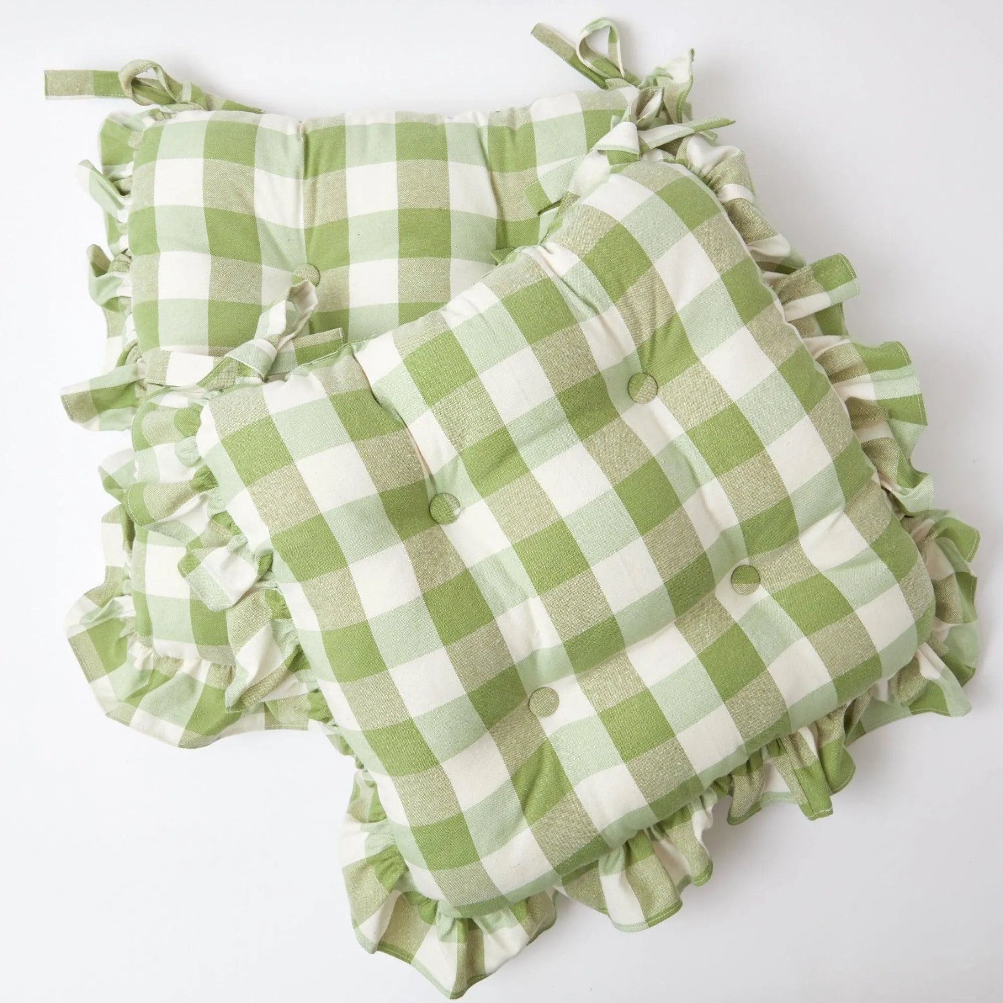 Green Gingham Ruffle Seat Pad Cushions (Set Of 4)|Mrs. Alice Best