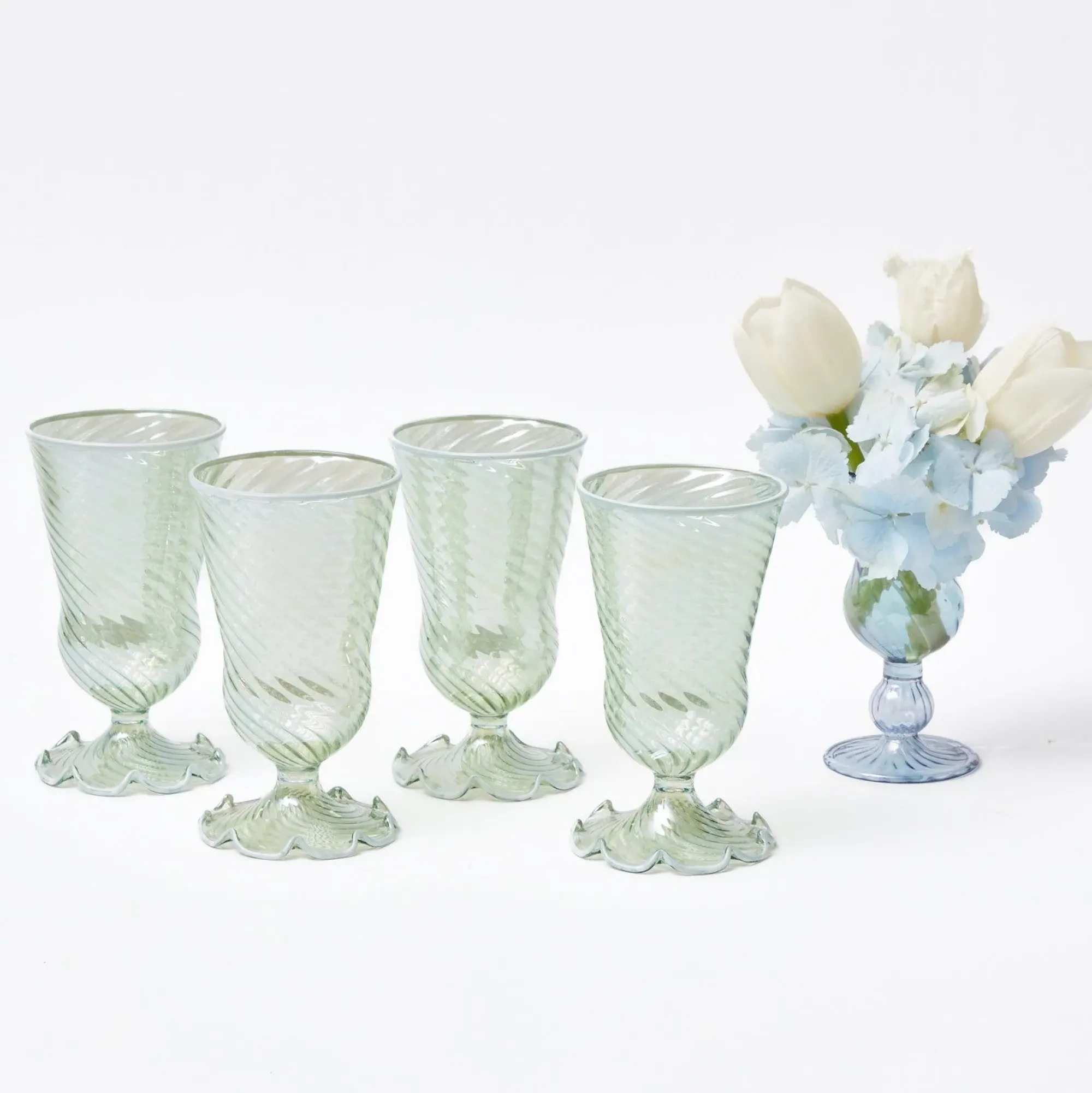 Green White Rim Frilled Glasses (Set Of 4)|Mrs. Alice Best