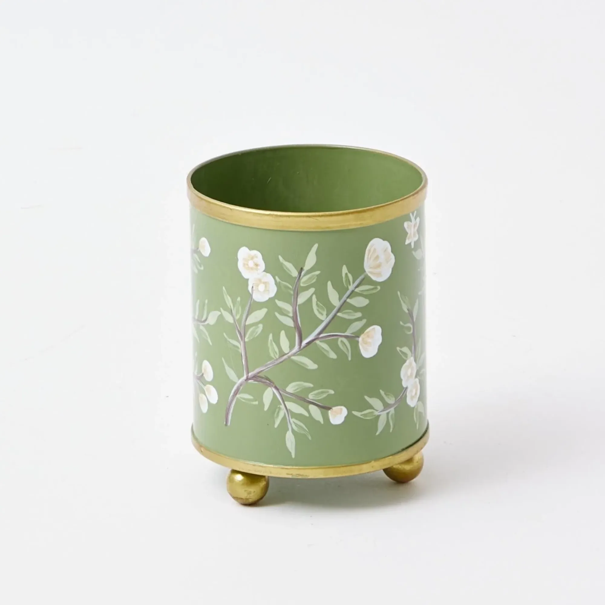 Hand Painted Olive Floral Tole Candle Pot|Mrs. Alice Clearance