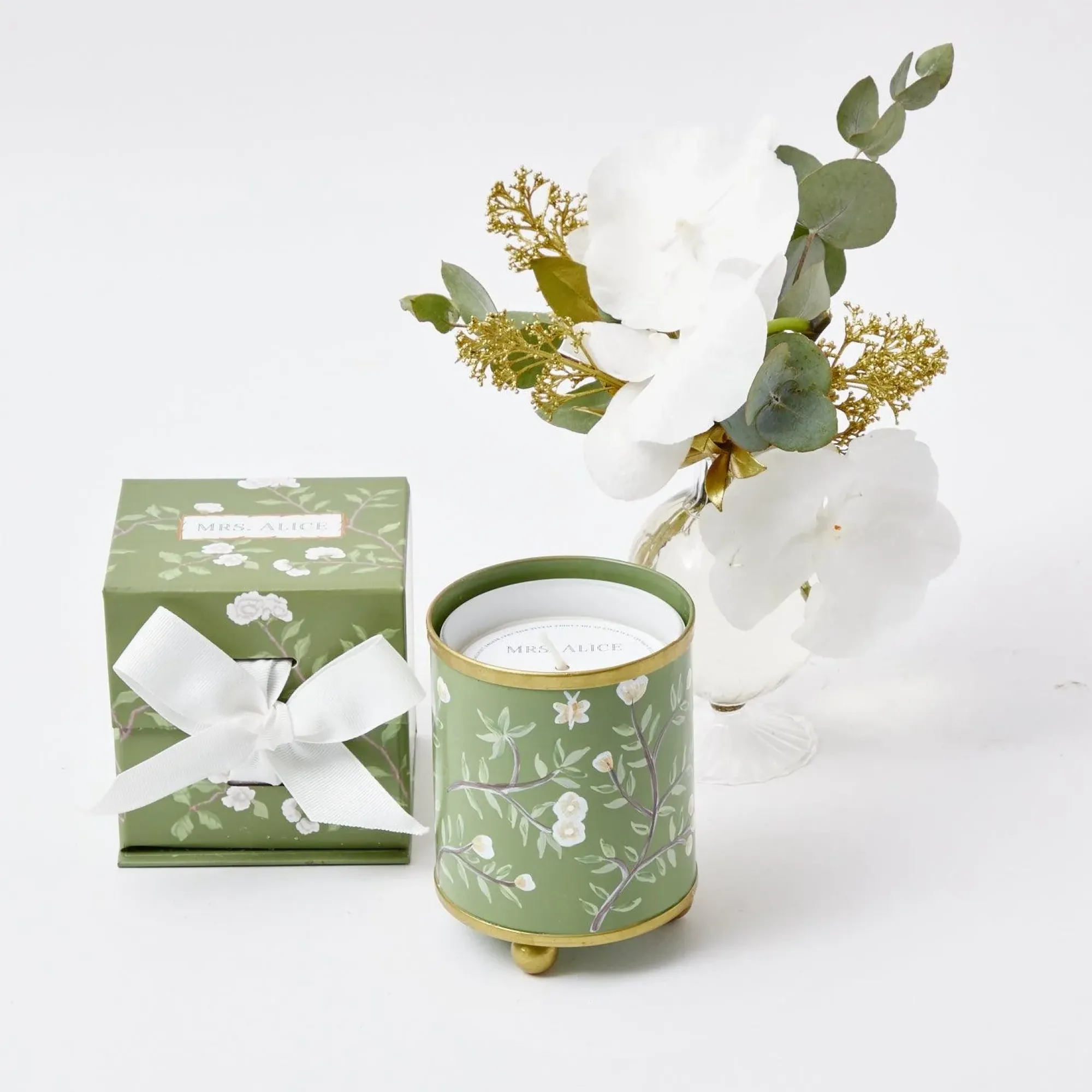Hand Painted Olive Floral Tole Candle Pot|Mrs. Alice Clearance