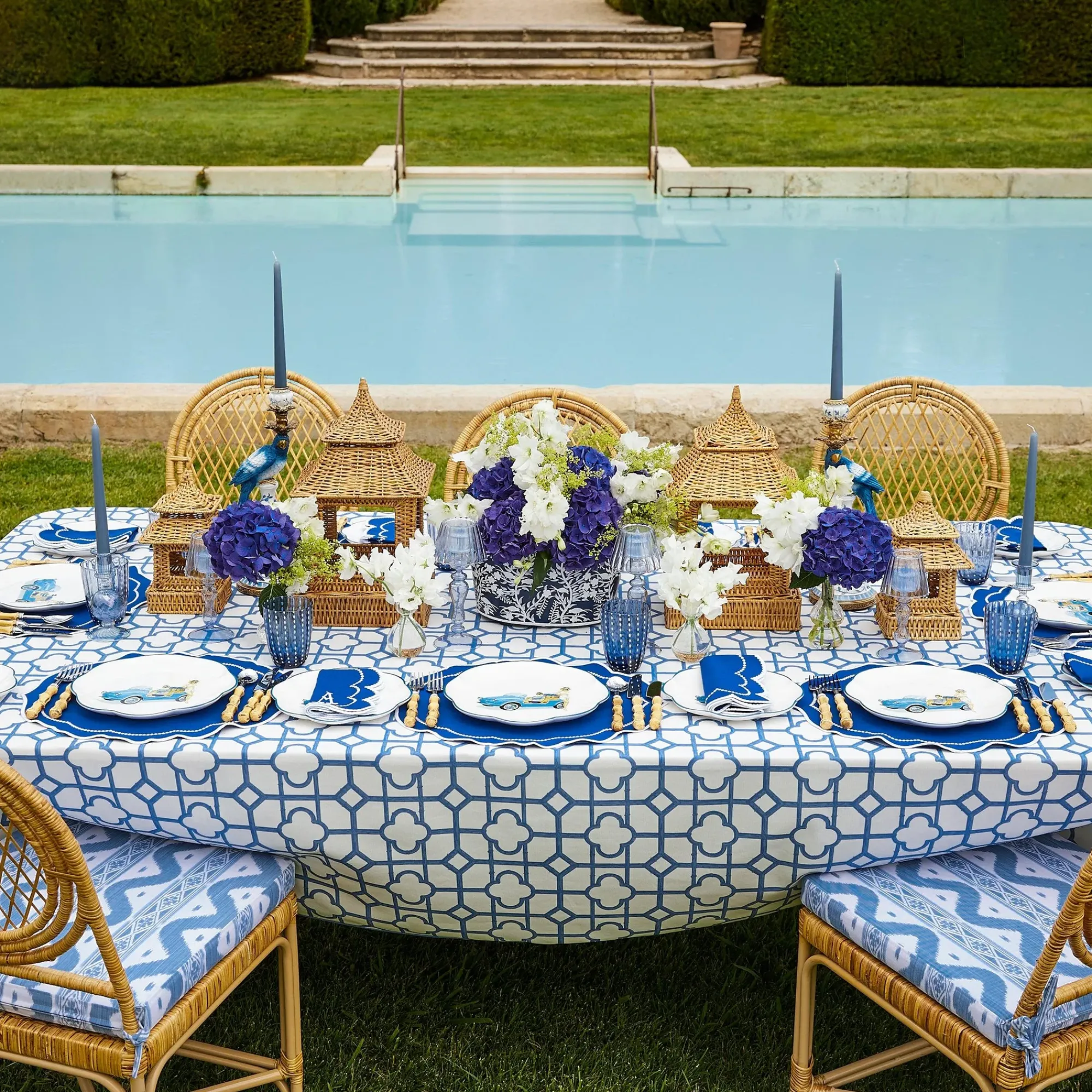 Navy Blue Floral Tole Scalloped Planter|Mrs. Alice