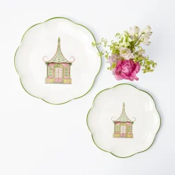 Pink & Green Pagoda Dinner & Starter Plates (Set Of 8)|Mrs. Alice Outlet