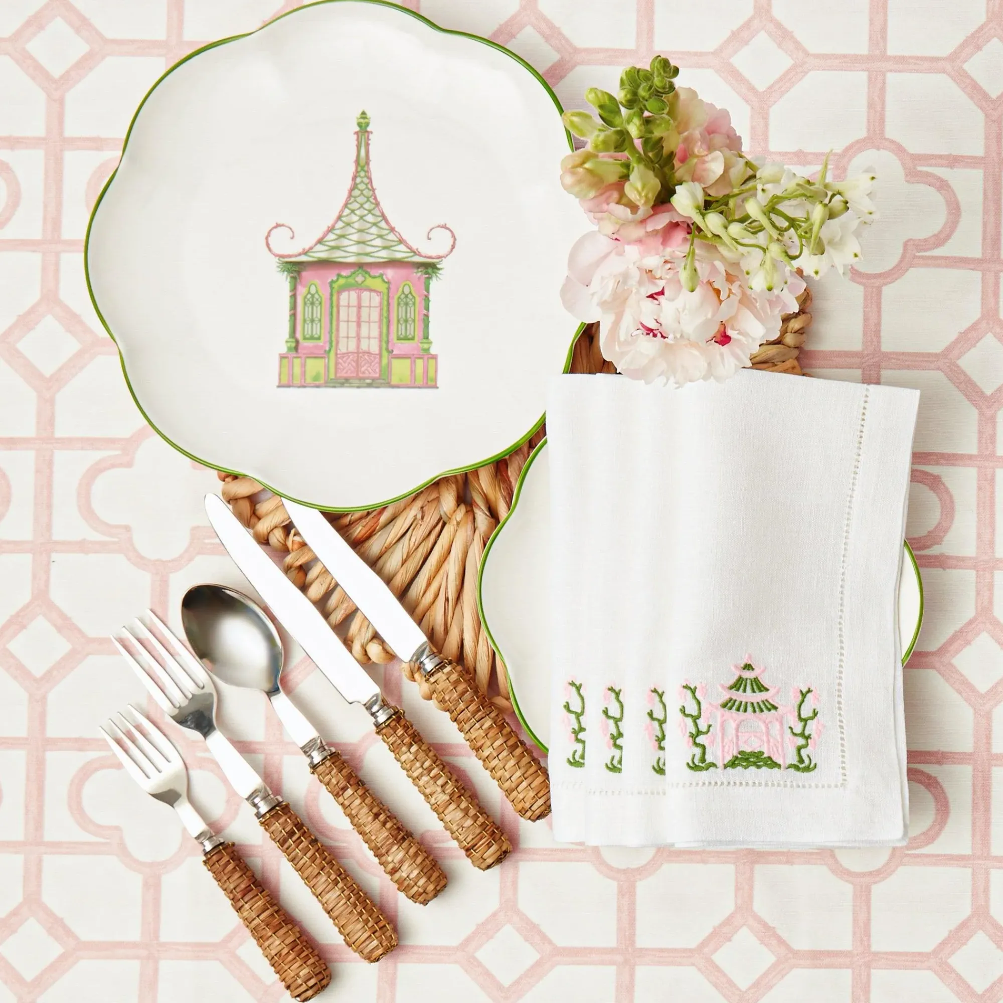 Pink & Green Pagoda Napkins (Set Of 4)|Mrs. Alice