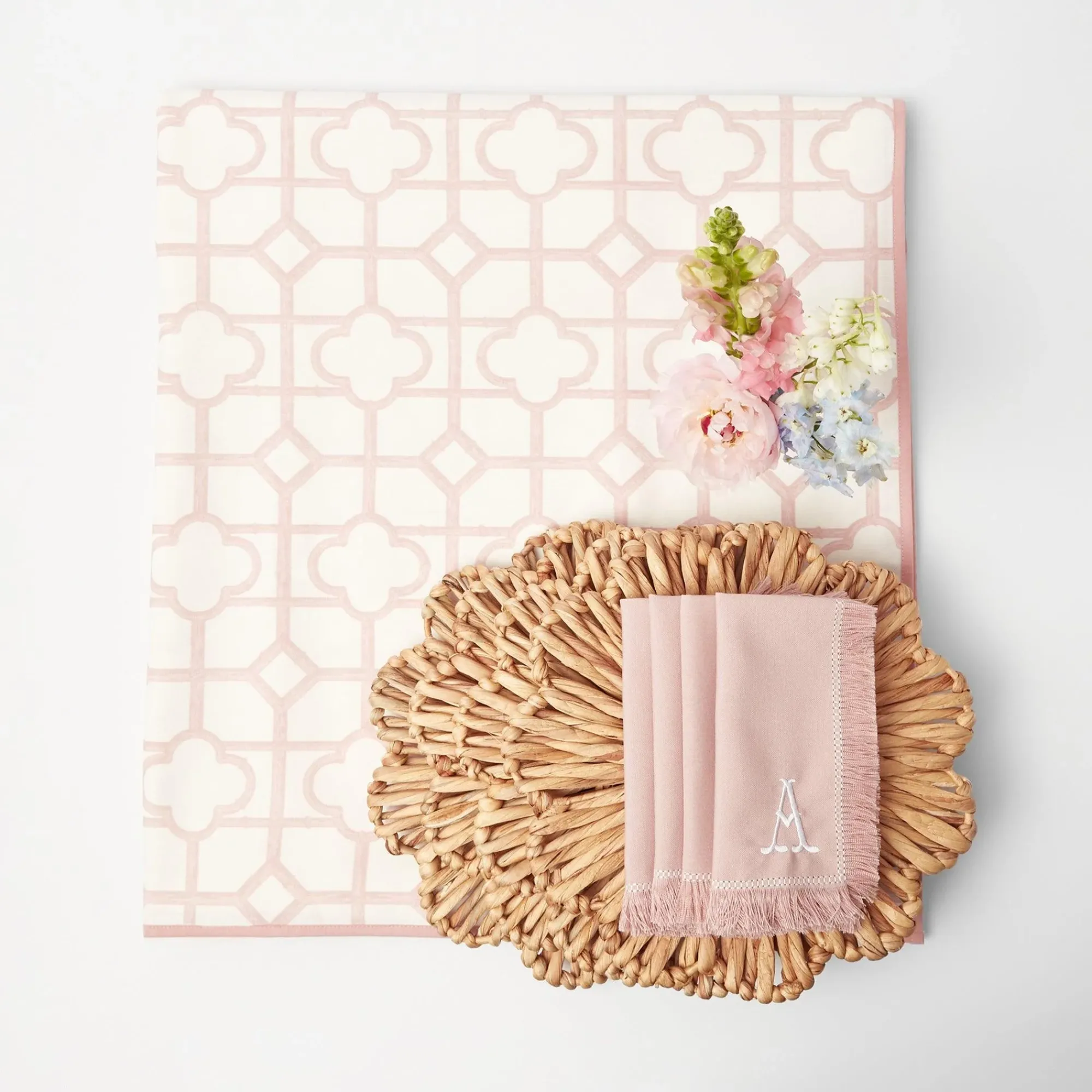 Pink Bamboo, Water Hyacinth & Pink Fringe Linen Set|Mrs. Alice