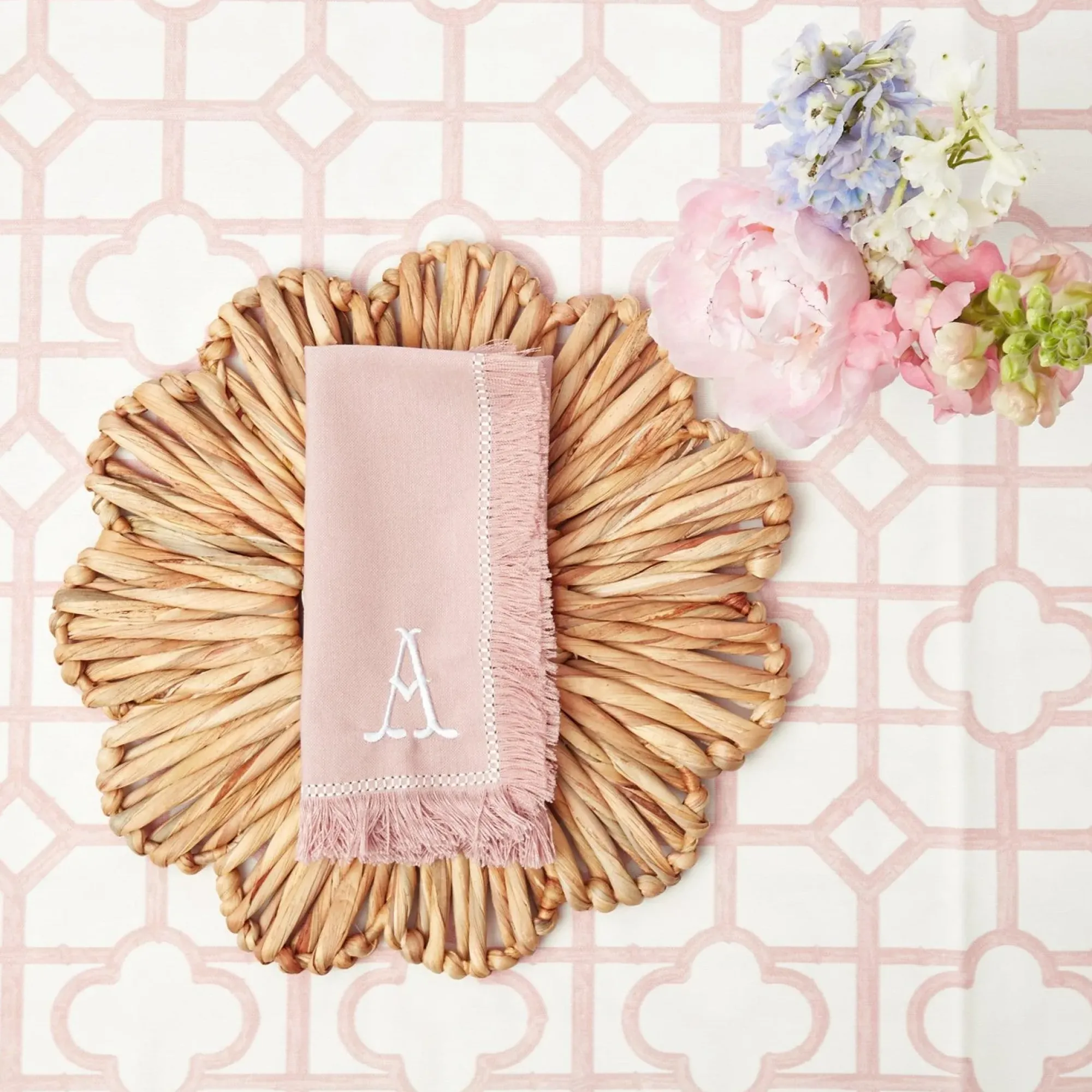 Pink Bamboo, Water Hyacinth & Pink Fringe Linen Set|Mrs. Alice