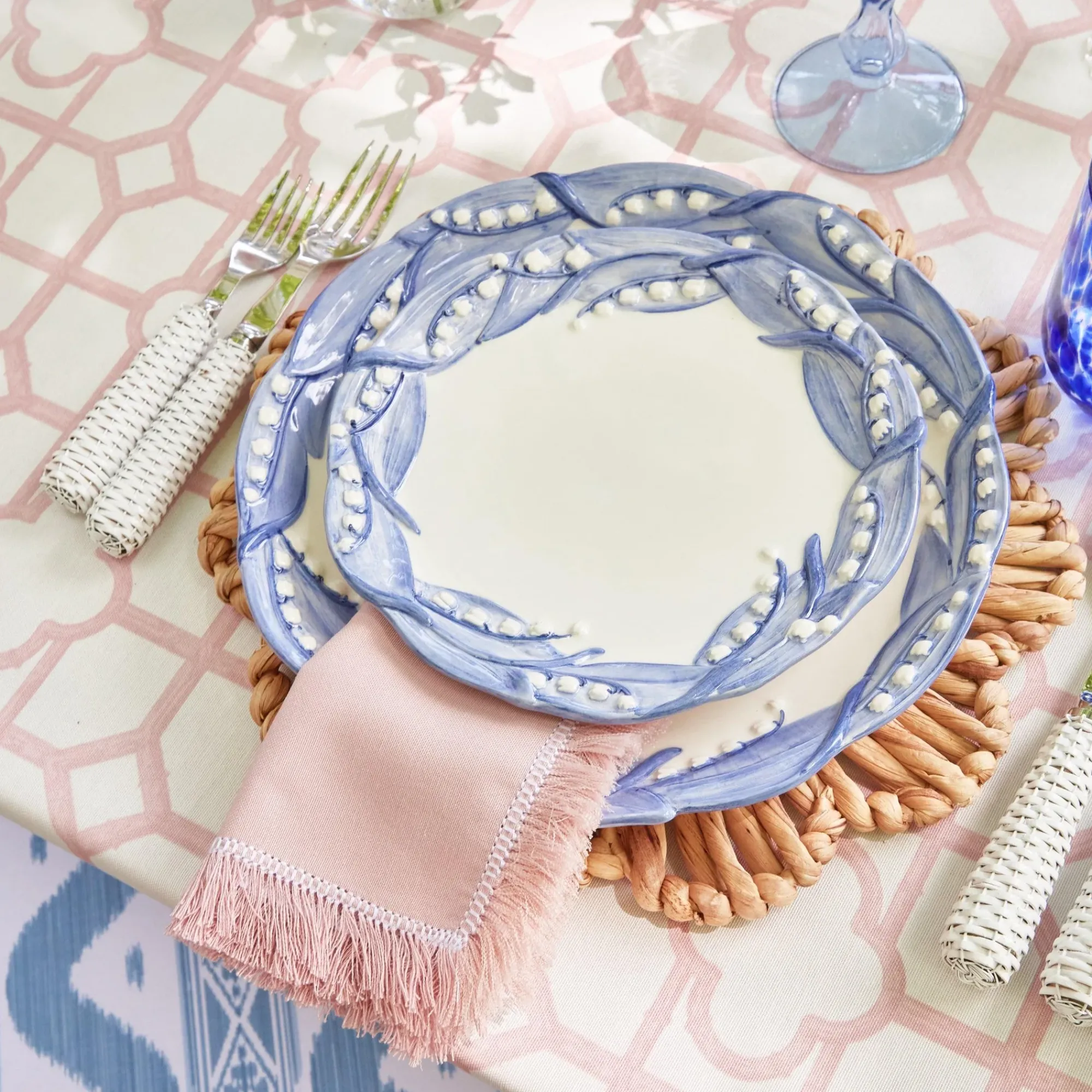 Pink Bamboo, Water Hyacinth & Pink Fringe Linen Set|Mrs. Alice