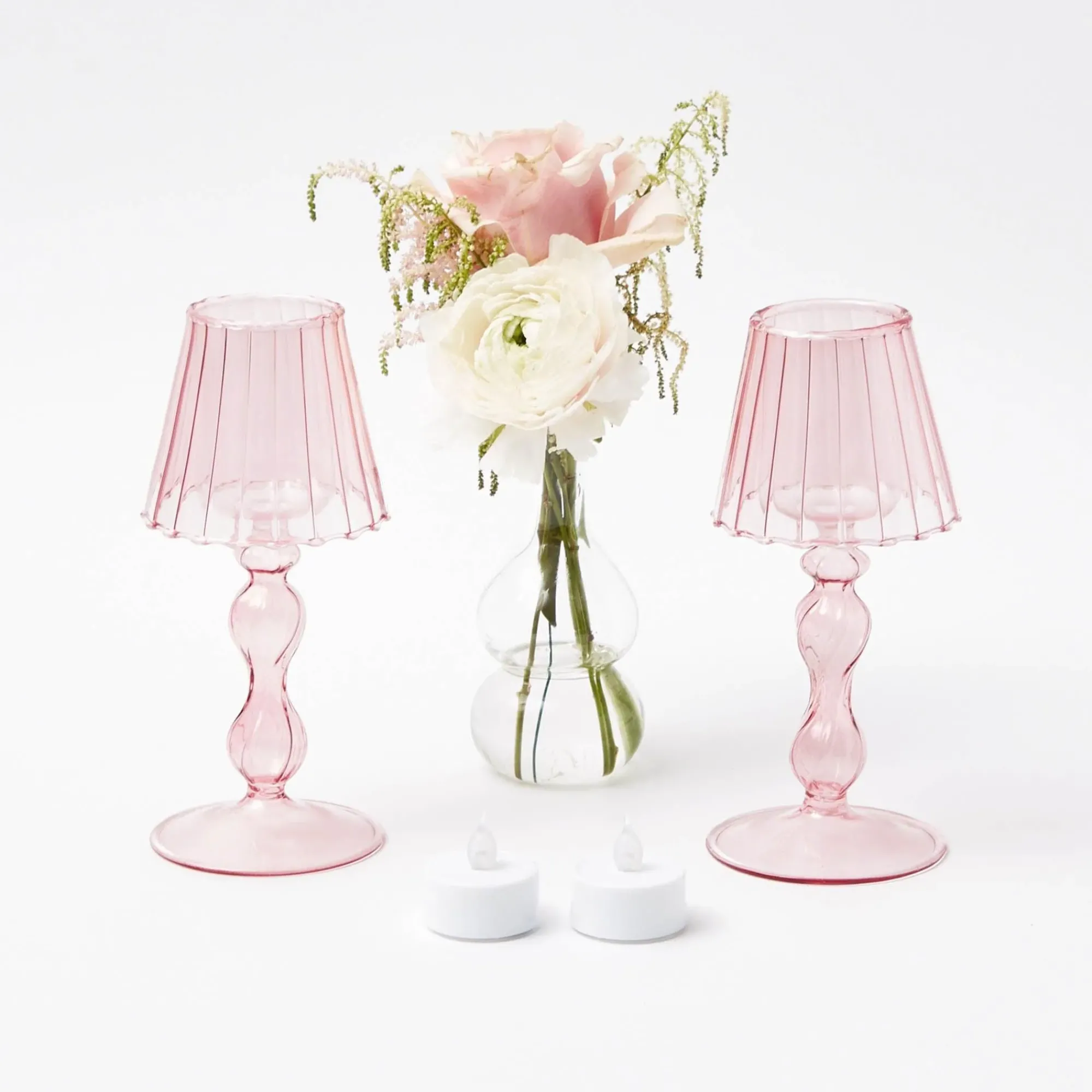 Pink Glass Lantern Tea Light Holder (Pair) - 18Cm|Mrs. Alice Sale