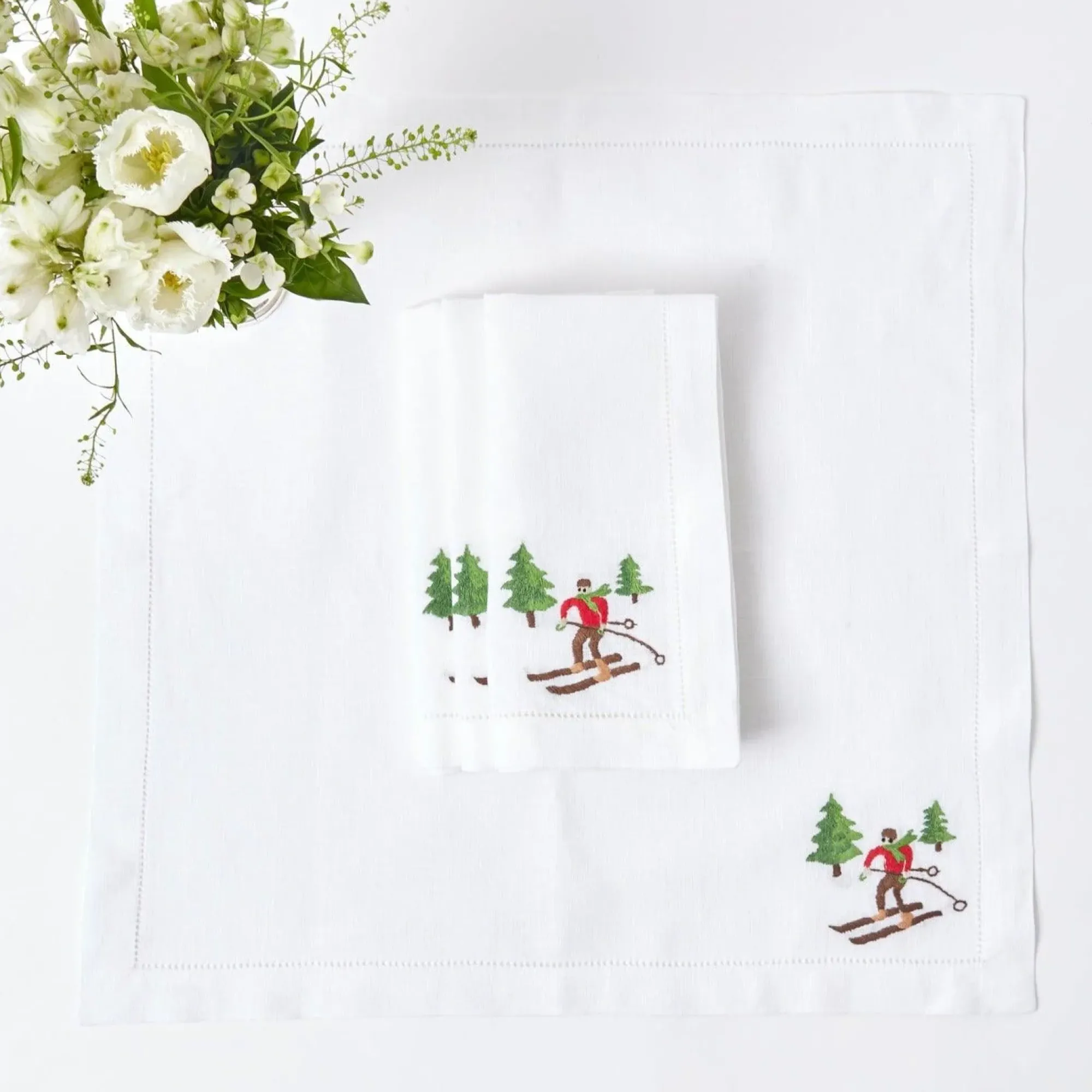White Embroidered Skier Napkins (Set Of 4)|Mrs. Alice Outlet
