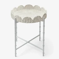 White Rattan Round Scalloped Tray With Stand|Mrs. Alice Hot