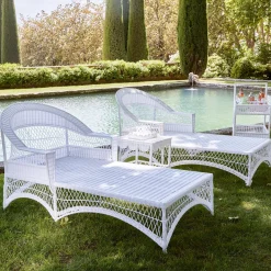 White Rattan Sun Lounger With Blue Ikat Cushion|Mrs. Alice Online